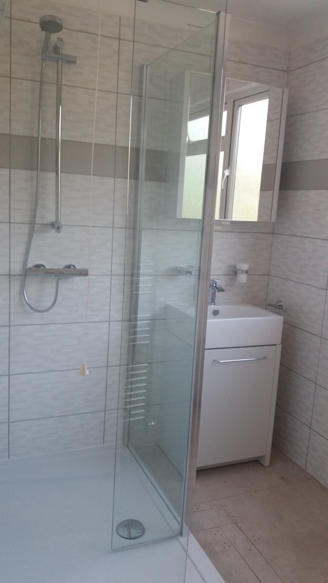 Walk-in shower with glass panel
